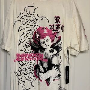 White Graphic Tee with Pink and Black Design